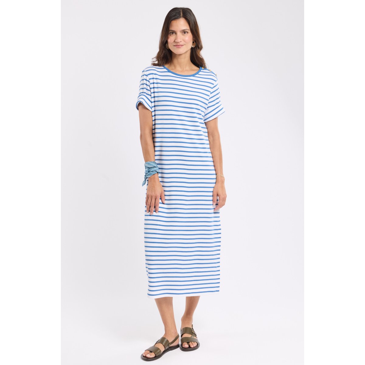 Robe longue rayée en coton épais blanc/federal blue, ARMOR-LUX
