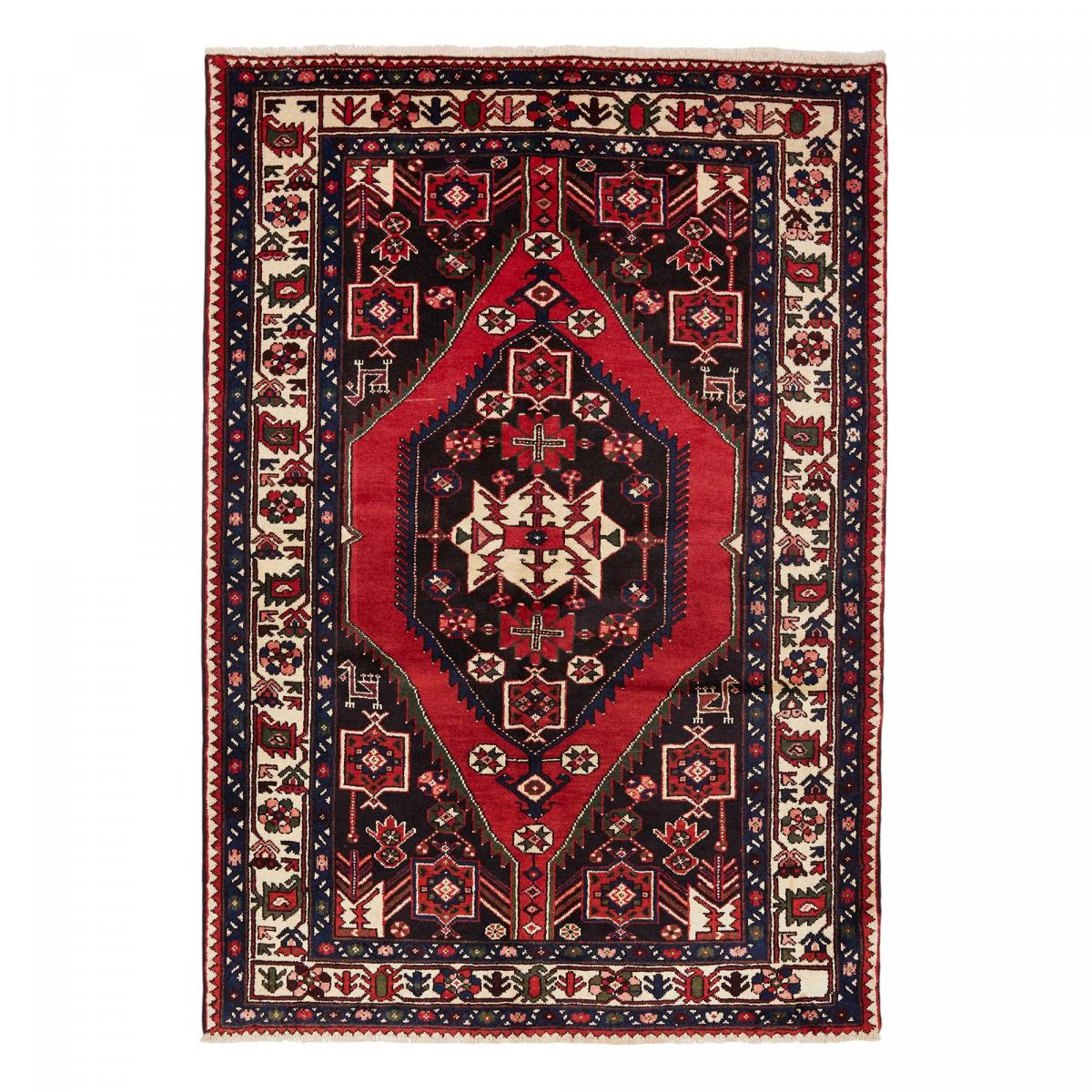 Tapis d'orient oriental, noué main en laine, HAMADAN 27 rouge, crème, noir, UN AMOUR DE TAPIS