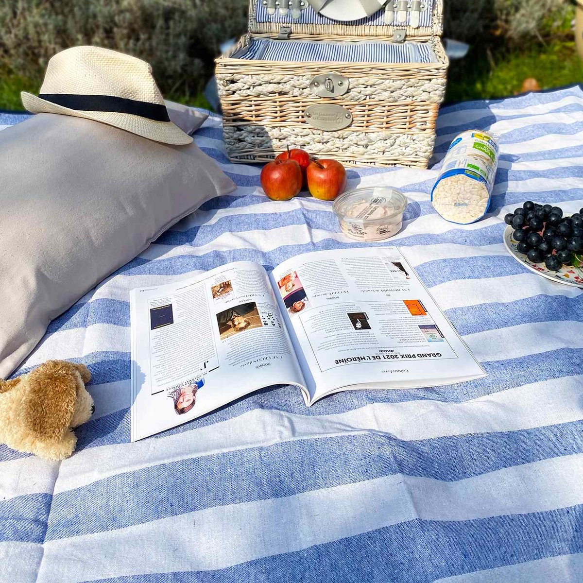Nappe pique-nique à revers imperméable bleu, blanc, LES JARDINS DE LA COMTESSE