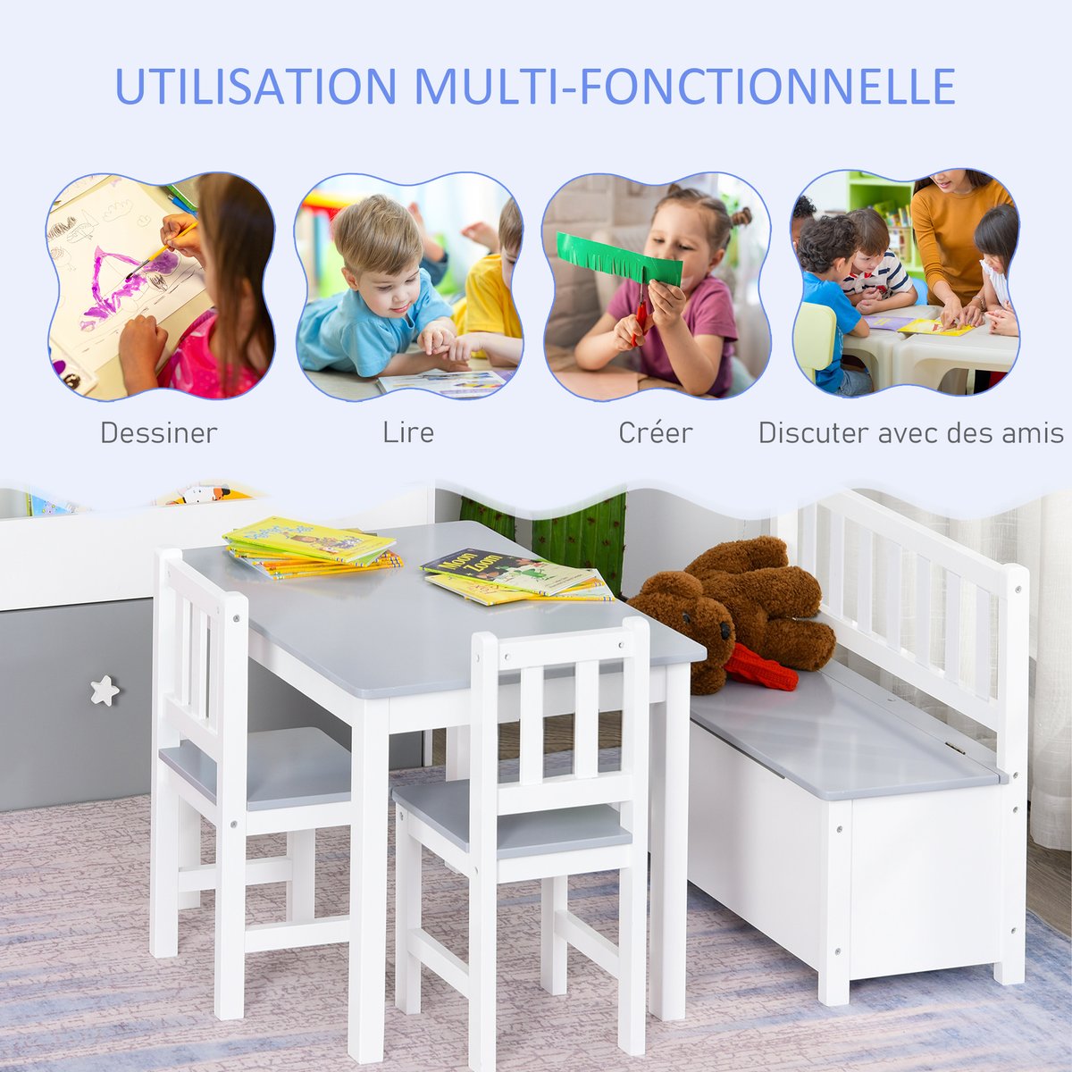 Ensemble table et chaises pour enfants MDF gris, HOMCOM