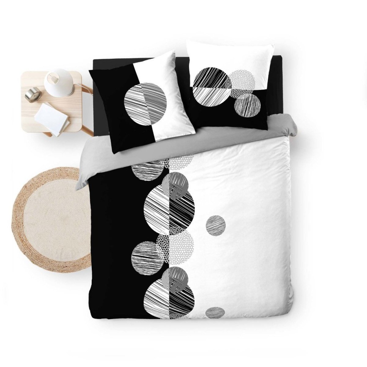 Housse de couette 2 personnes + 2 taies 100% coton 57fils Noir et blanc noir, DECORATIE