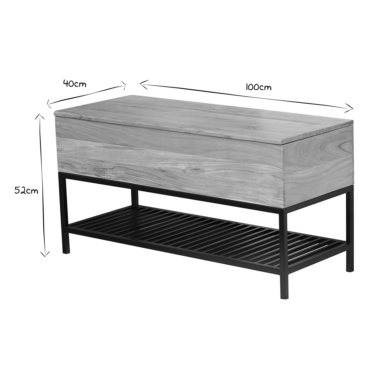 Banc d'entrée industriel avec coffre de rangement en bois massif et métal noir L100 cm SORG marron, MILIBOO