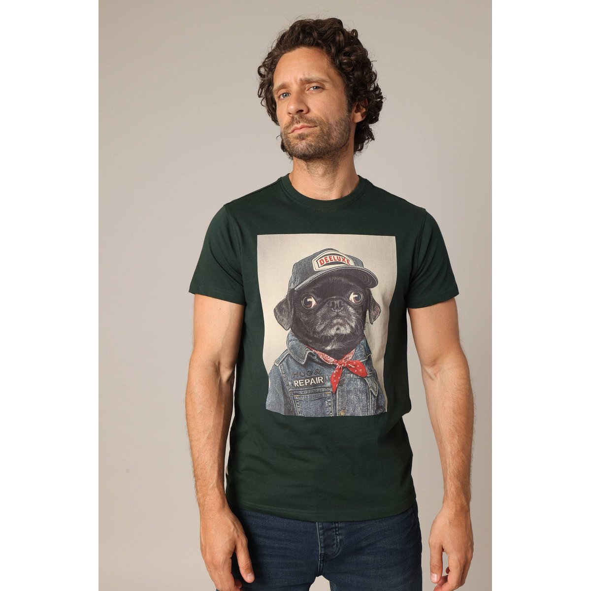 T-shirt 100 % coton avec imprimé original « chien en veste de mécanicien » PEPERE emerald, DEELUXE
