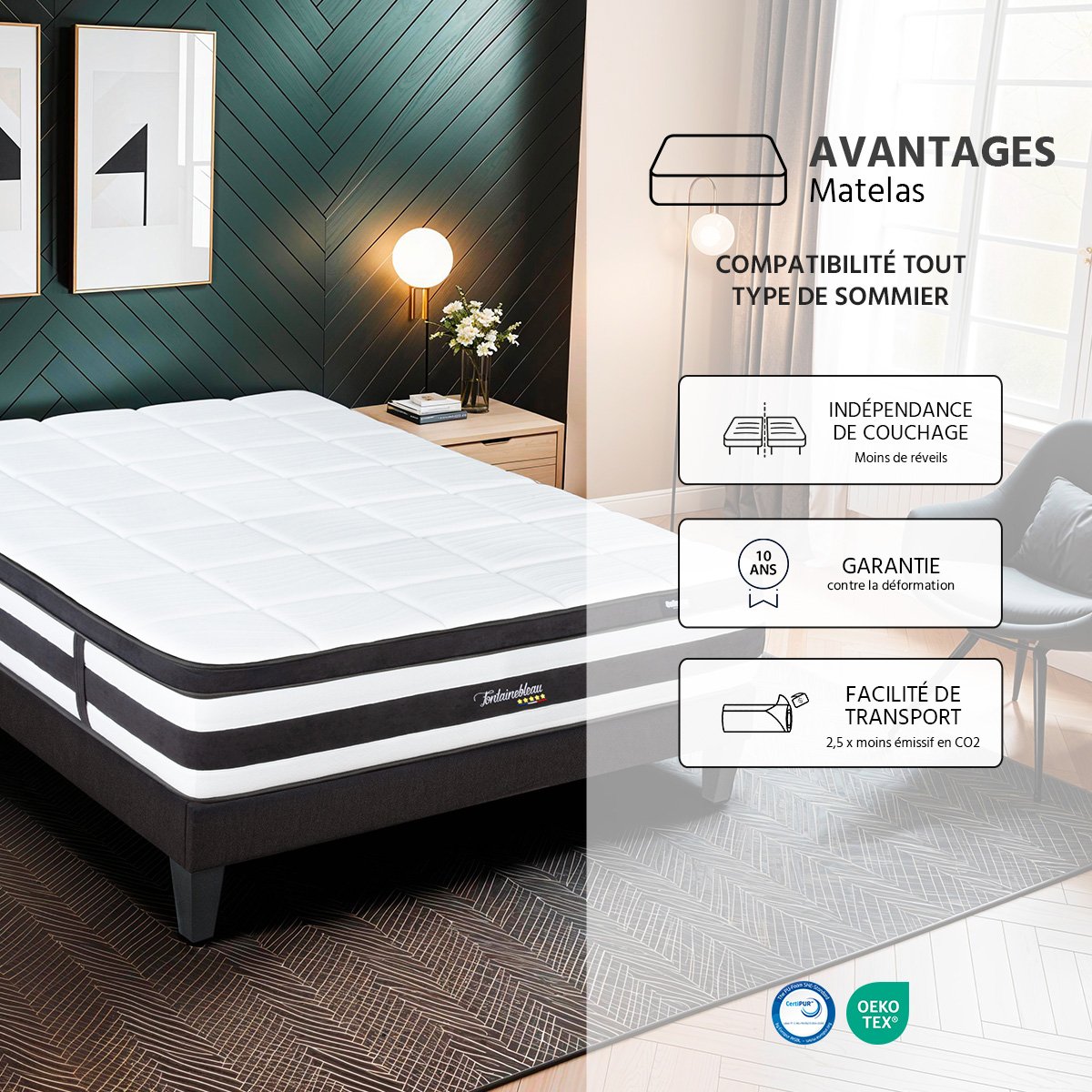Matelas Fontainebleau - Ressorts ensachés + mémoire de forme - Moelleux puis ferme - 25 cm d'épaisseur blanc, BELLECOUR