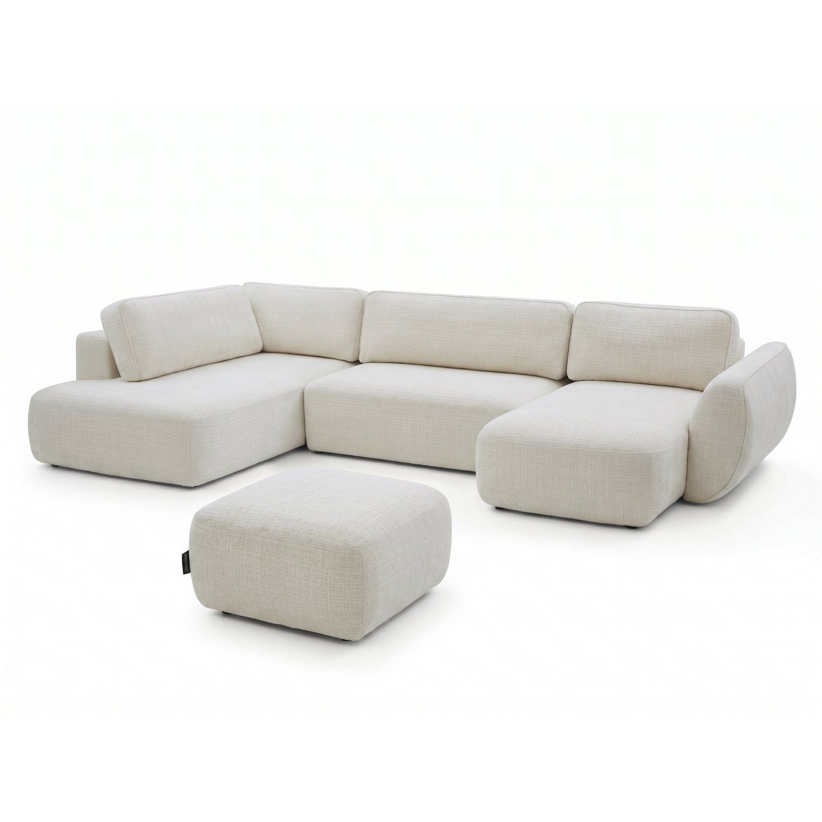 Canapé panoramique convertible 6 places en tissu texturé avec pouf, DENISE blanc, BOBOCHIC