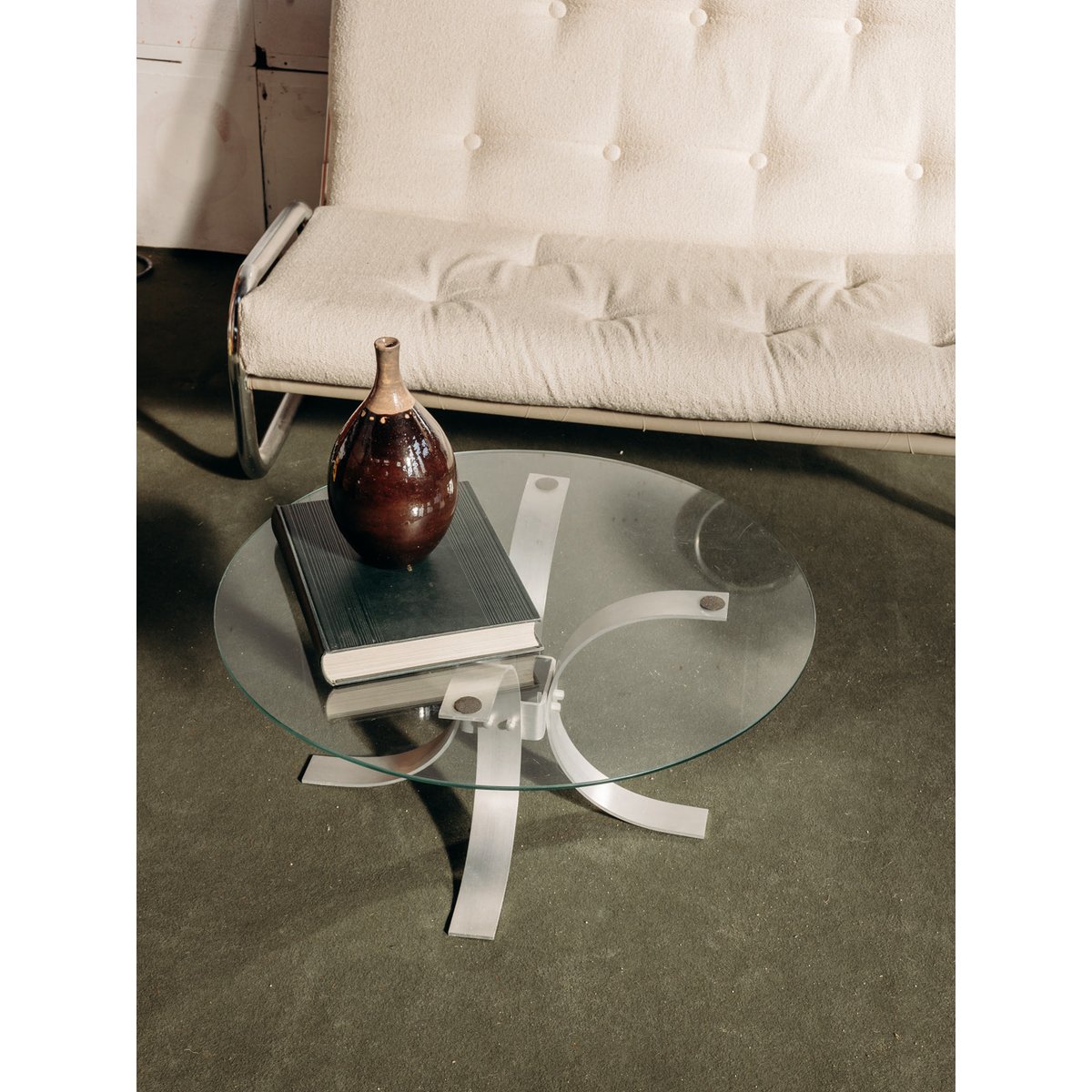 Table basse ronde en verre Donna N°504 - Bon état métal, DEBONGOUT