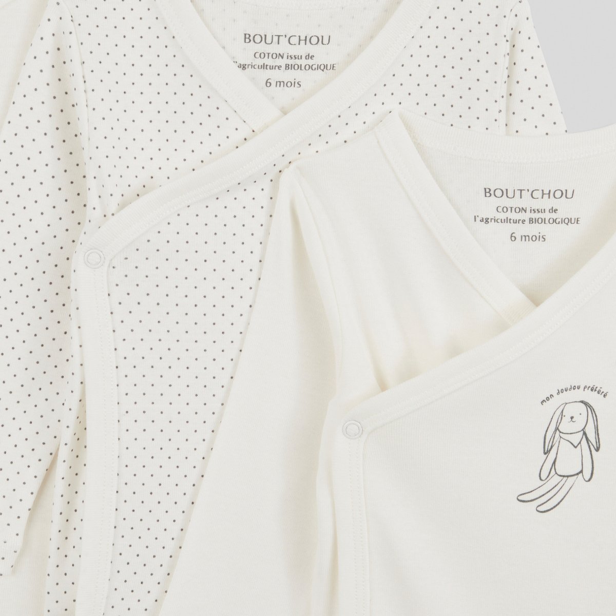 Lot de 3 bodies manches longues croisés en coton BIO, certifié GOTS et OEKO TEX blanc, BOUT'CHOU