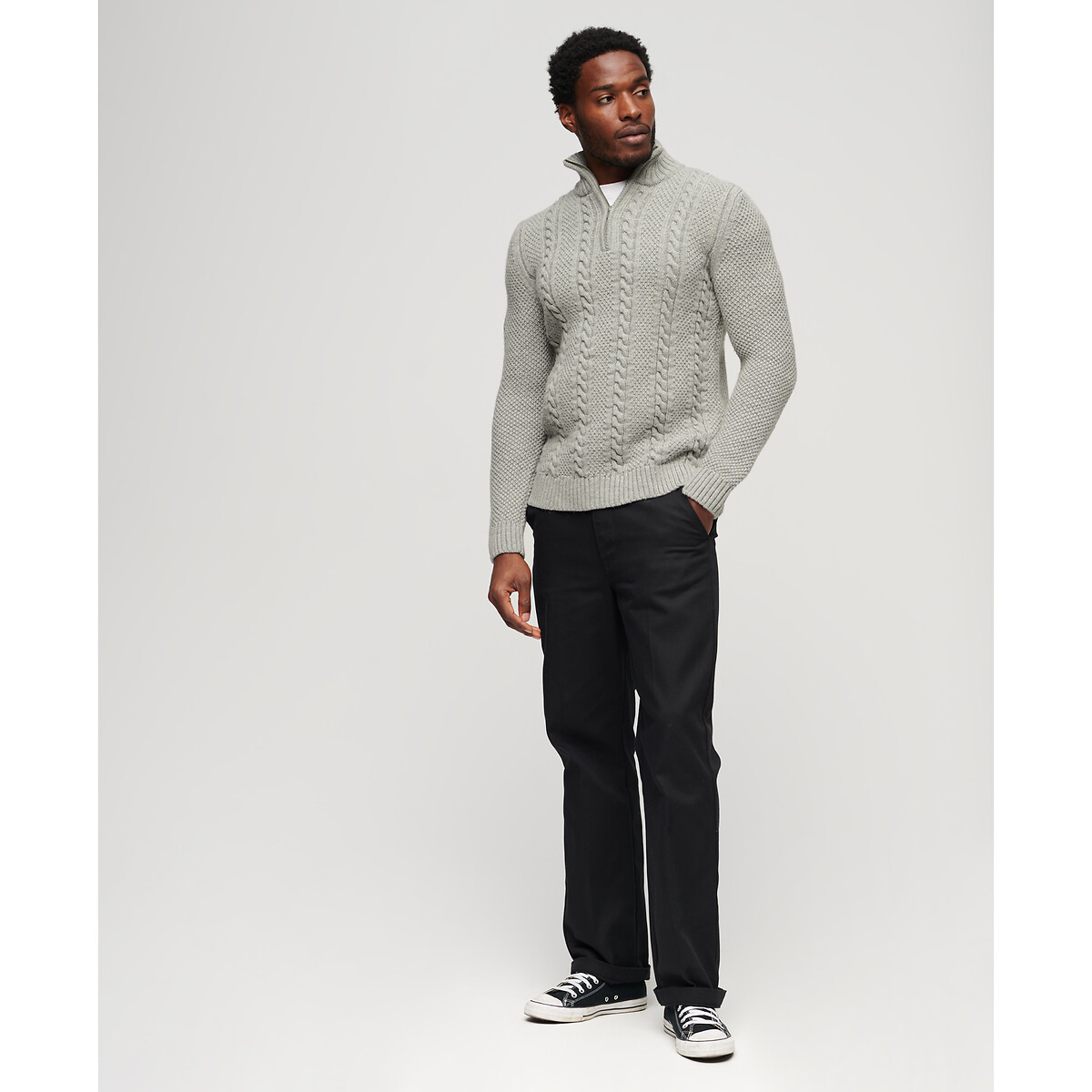 Pull vintage à col montant zippé Jacob gris, SUPERDRY