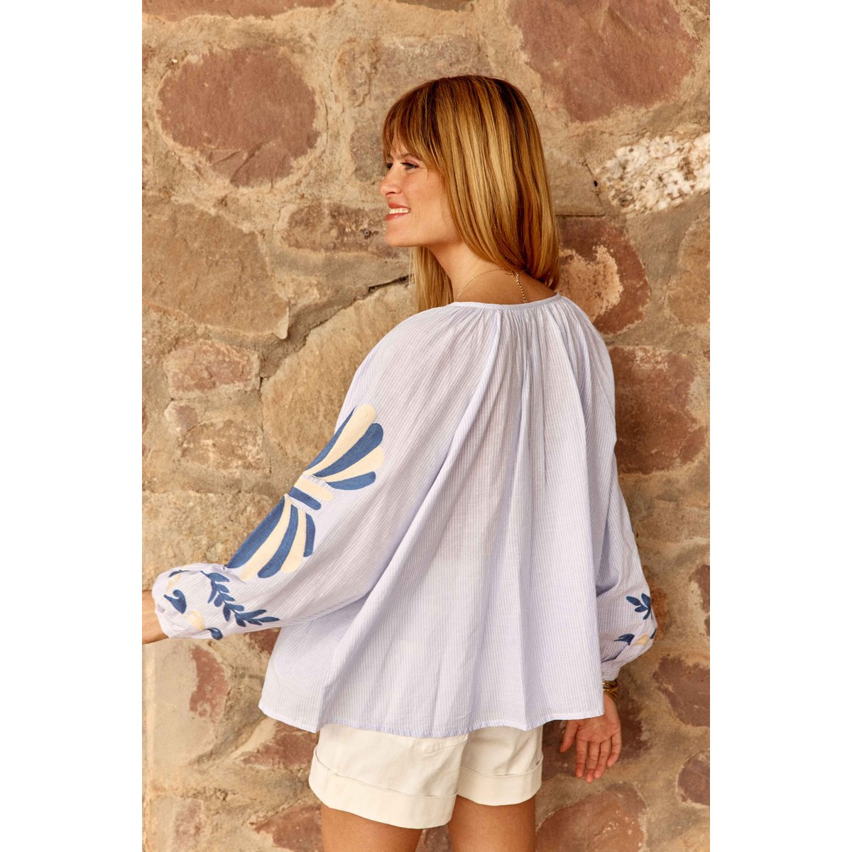 Blouse manches longues col rond imprimé broderie BIHA 20-ecru/bleu, LA PETITE ETOILE