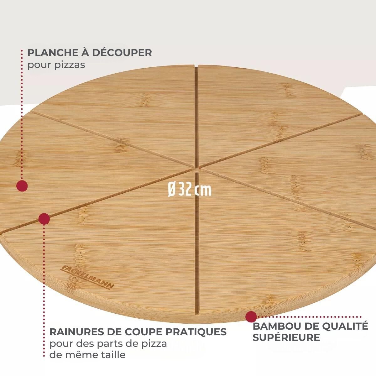 Planche avec rainures de coupe, Ø 32 cm PIZZA bois, FACKELMANN