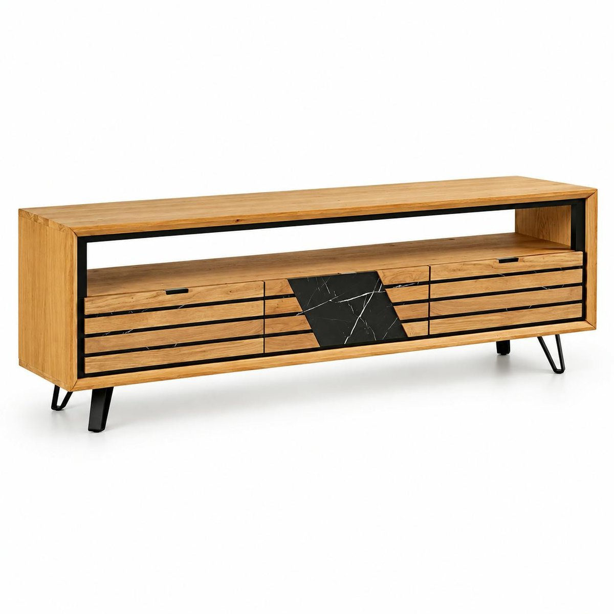 Meuble tv design en bois de chêne finition miel, 3 tiroirs ESSEN chêne miel, PIER IMPORT