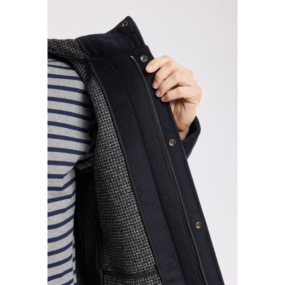 Kabig à capuche Héritage en laine HERITAGE rich navy/ micro motif gri, ARMOR-LUX