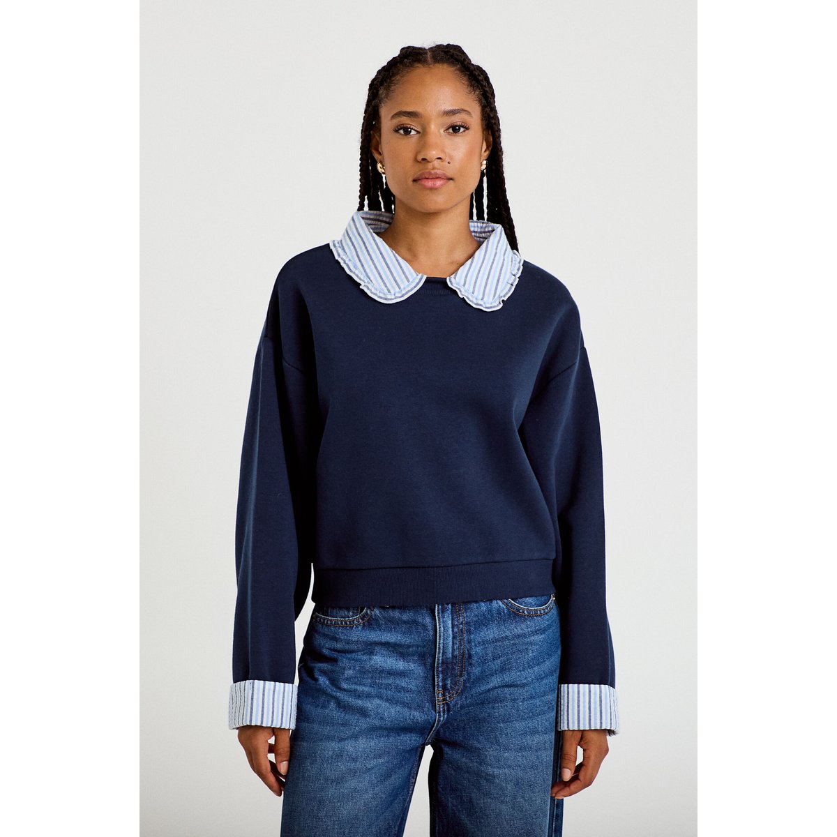 Sweat col chemise manches longues bleu marine, CACHE CACHE