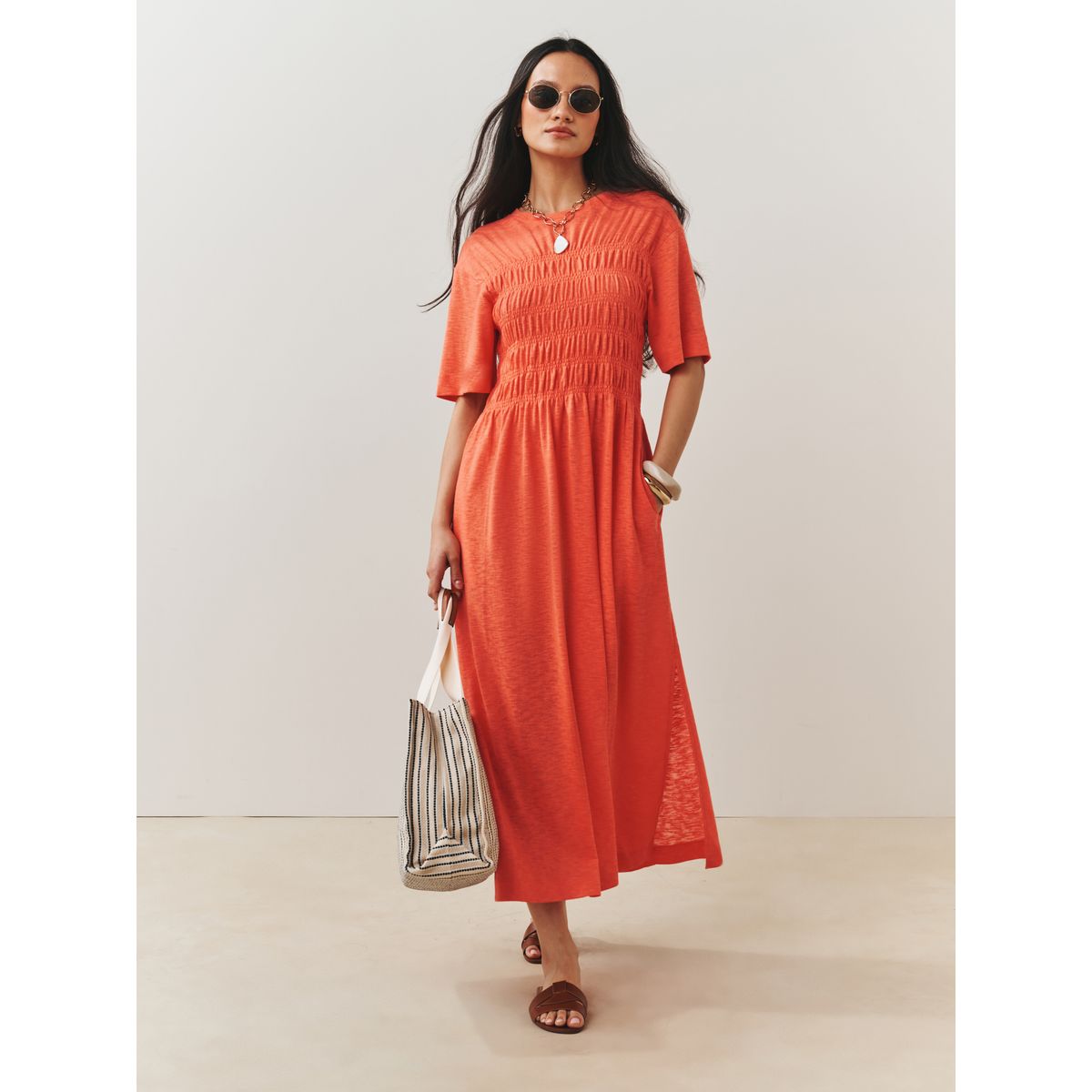 Robe t-shirt mi-longue à manches courtes orange corail, NEXT