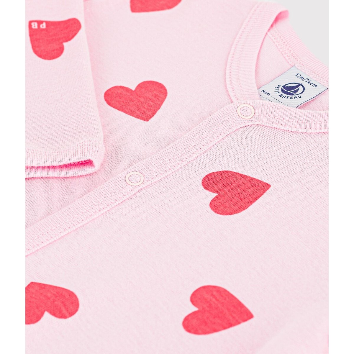 Pyjama en coton, sans pieds, imprimé coeurs rose, PETIT BATEAU