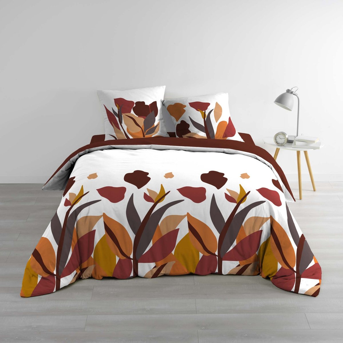 Parure de lit 3 pièces 100 % coton imprimé à motif floral housse + taies rouge, DOUCEUR D'INTÉRIEUR