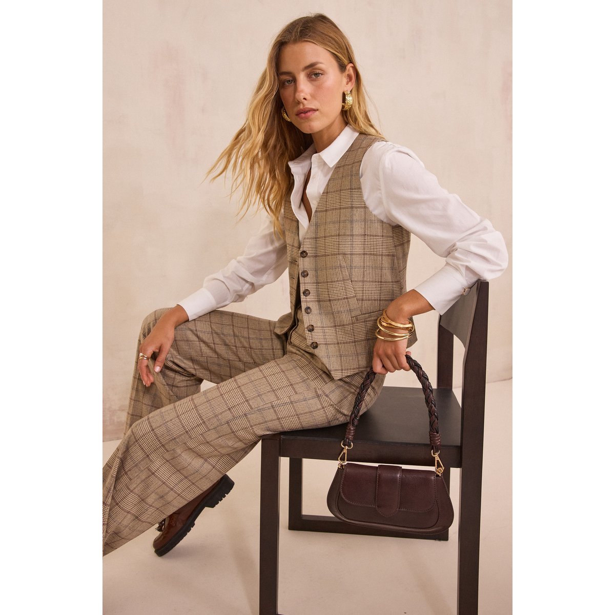 Gilet sans manches motif Prince de Galles SIMEON camel clair, Maison 123