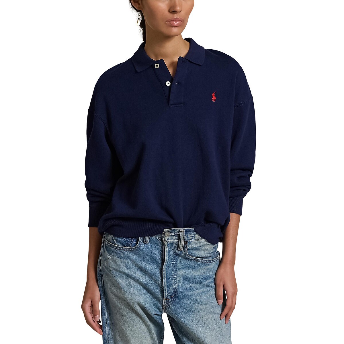 Sweat à col polo à manches longues marine, POLO RALPH LAUREN