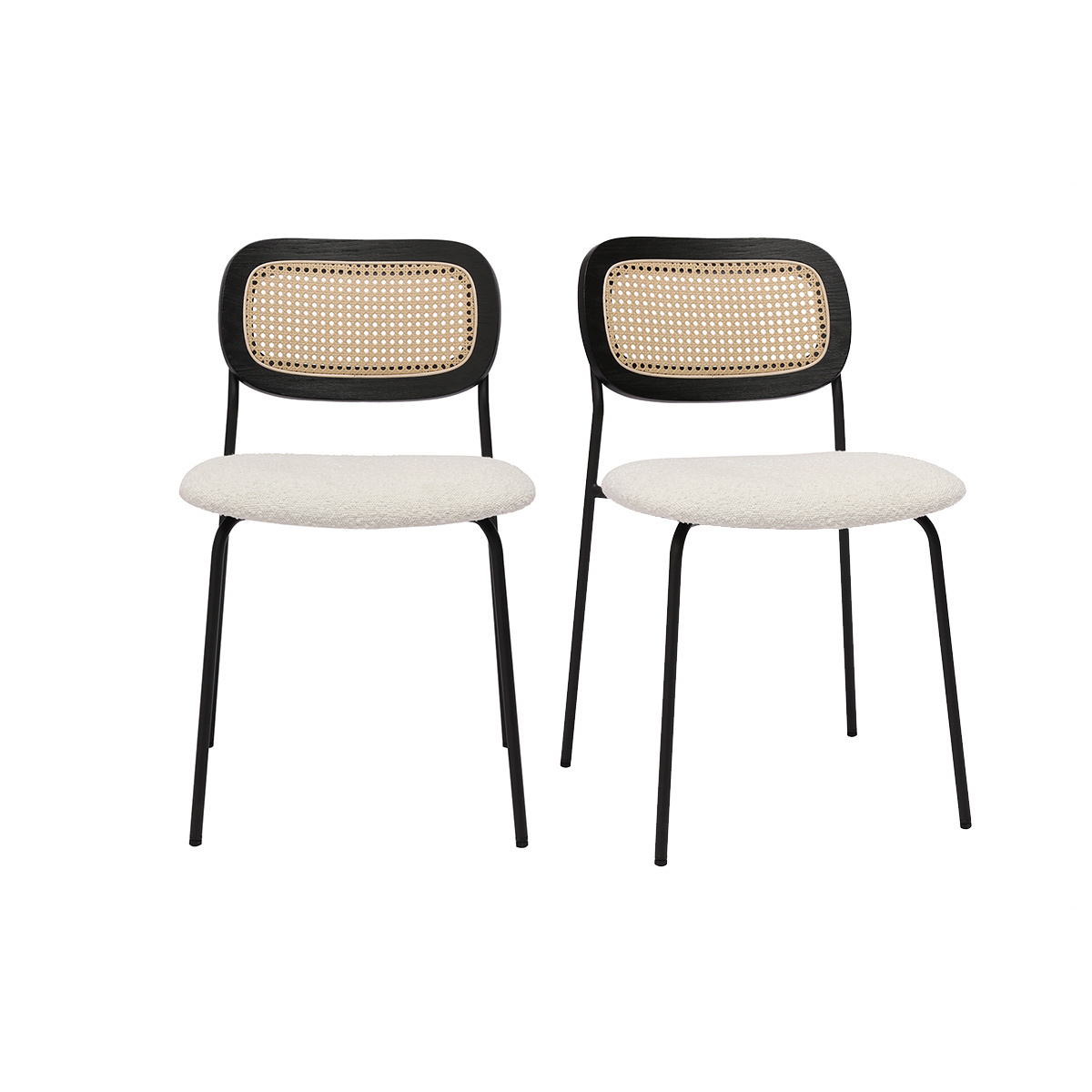 Chaises design en tissu effet velours texturé terre brulée, métal noir et cannage rotin (lot de 2) MIRANDA blanc, MILIBOO