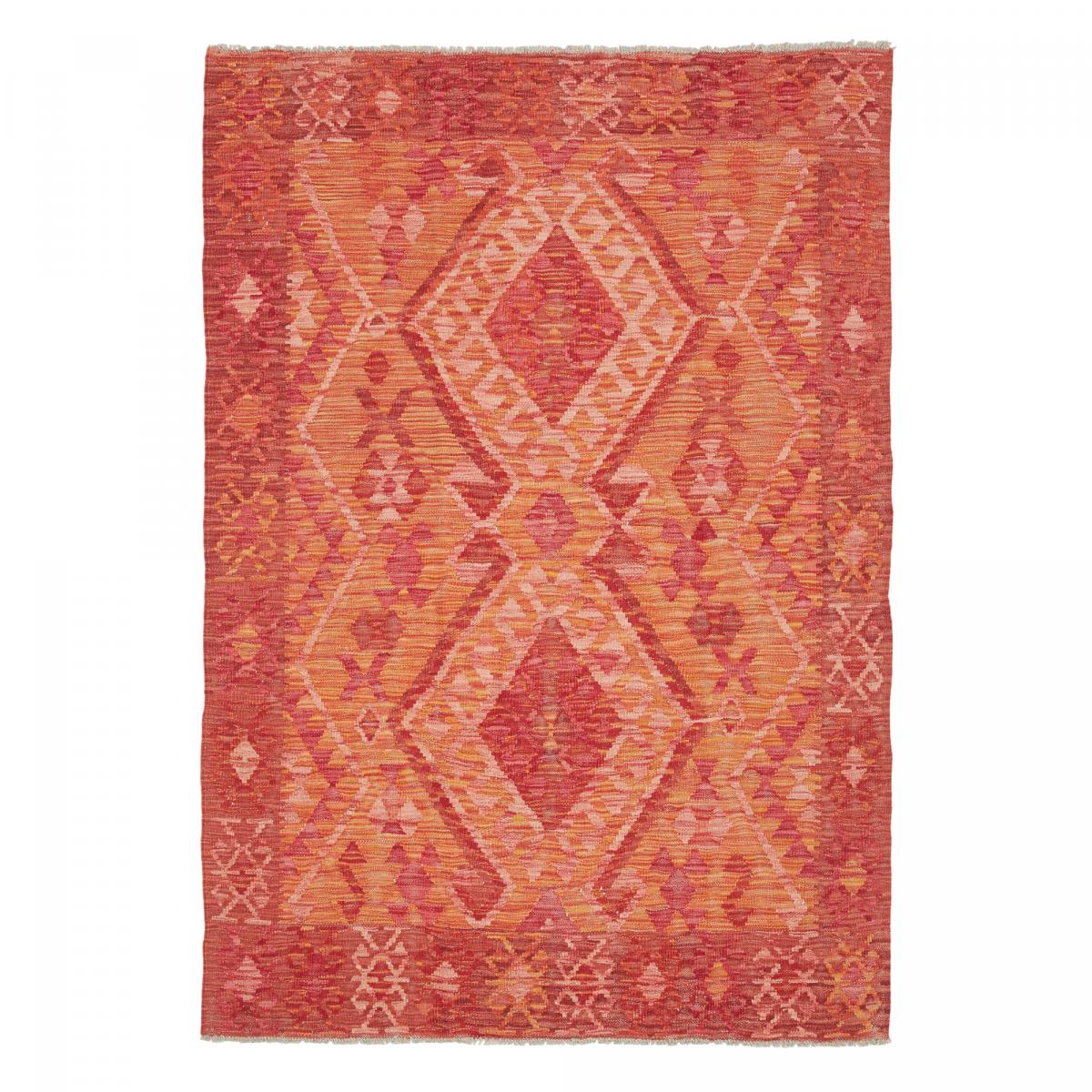 Tapis kilim, motif ethnique, tissé plat en laine, KILIM 97 orange, rose, rouge, UN AMOUR DE TAPIS