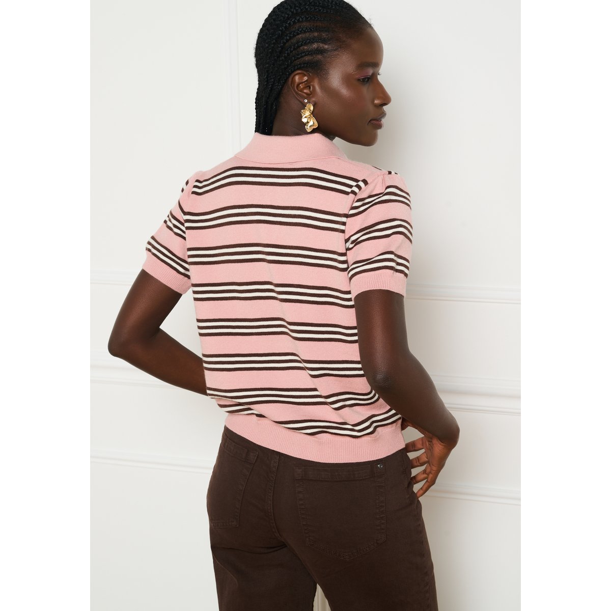 Pull polo rayé rose, LOLALIZA