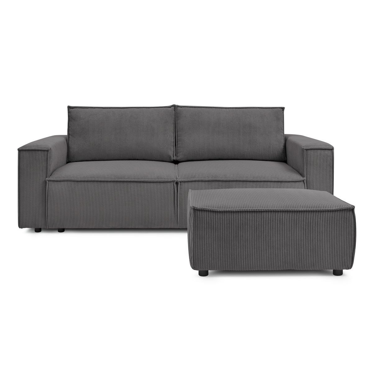 Canapé droit convertible 4 places en velours côtelé avec pouf, NIHAD gris foncé, BOBOCHIC