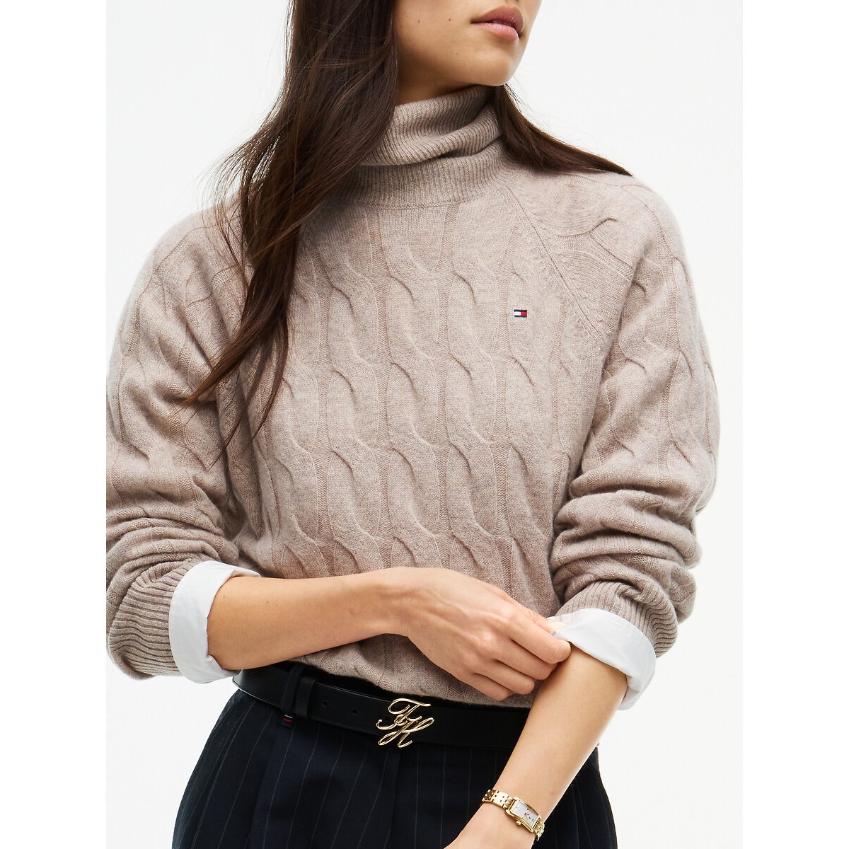 Wool Cable Knit Turtleneck Jumper light camel , TOMMY HILFIGER