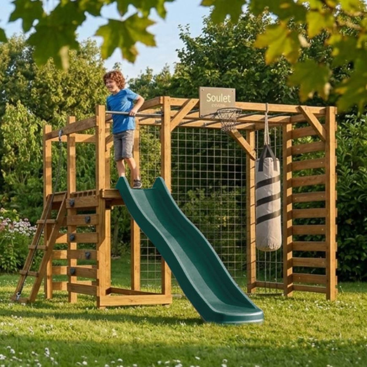 Aire de jeux multisport en bois avec toboggan ACHILLE marron, SOULET