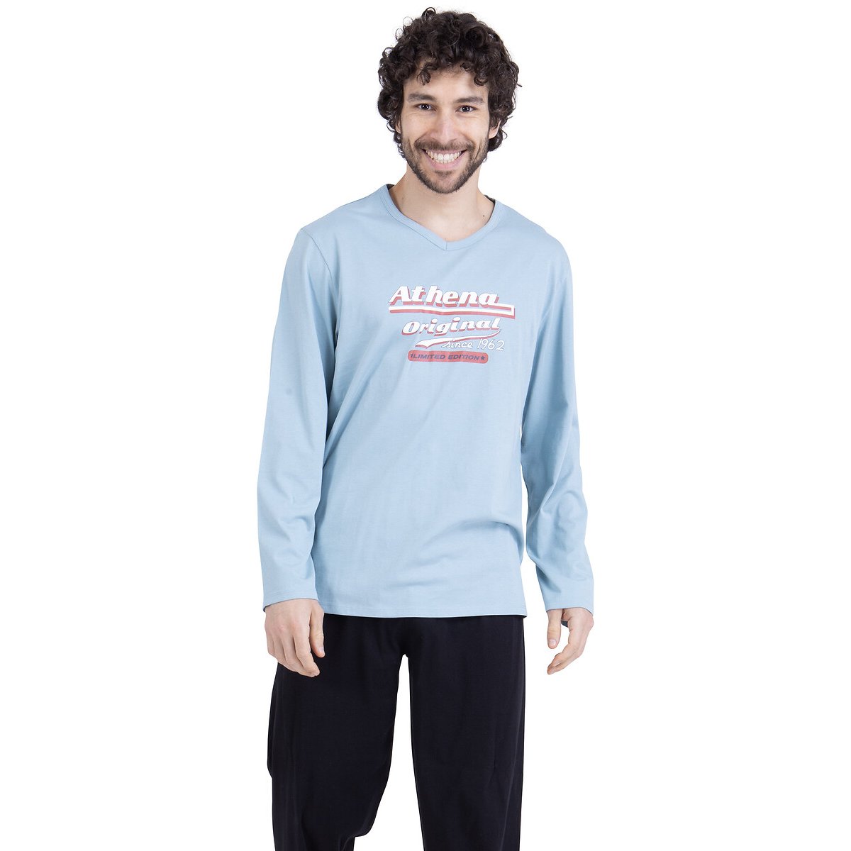 Pigiama lungo in cotone, maglia stampata turchese/nero , ATHENA