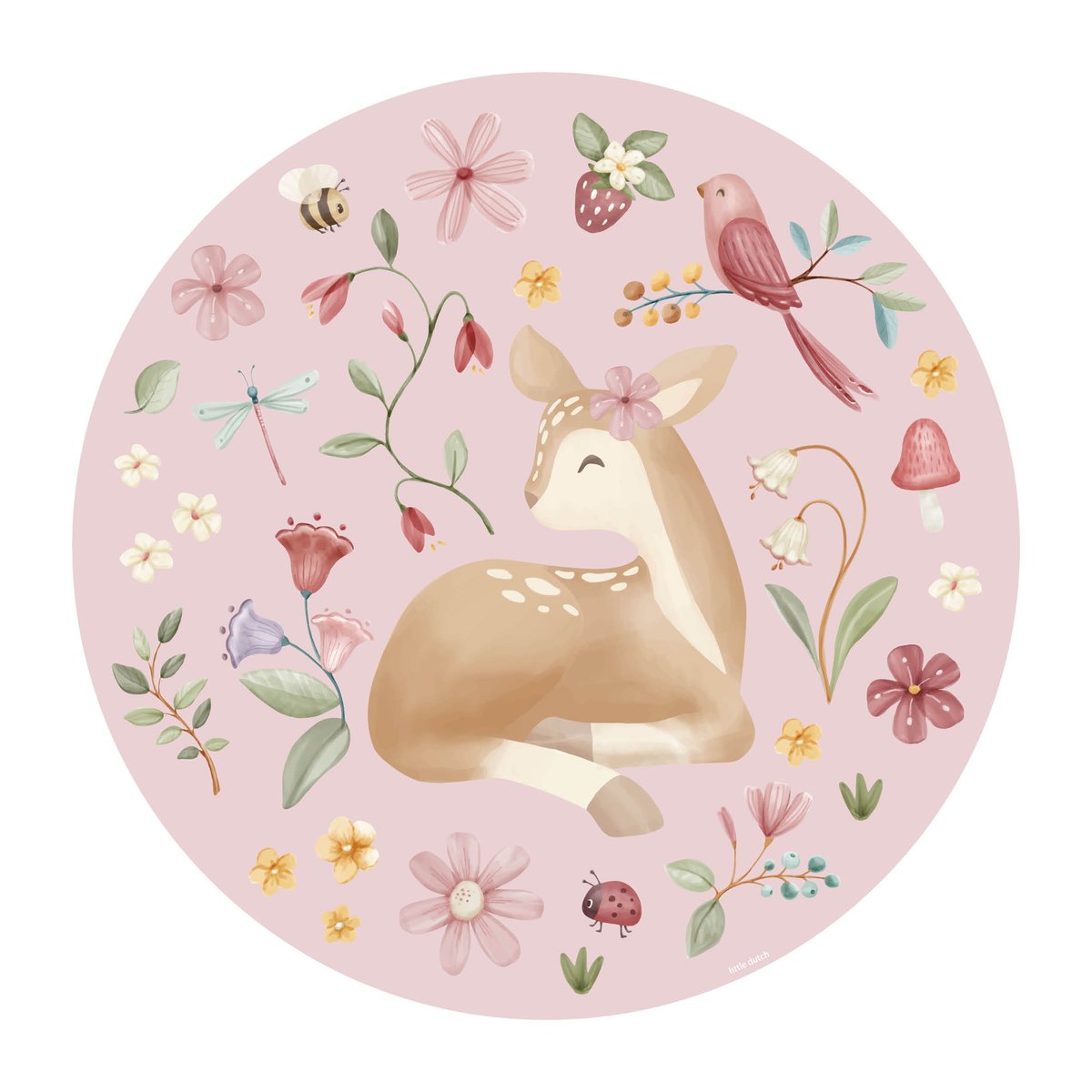 Papier peint rond pour enfant Petit faon rose, vert, ocre, LITTLE DUTCH