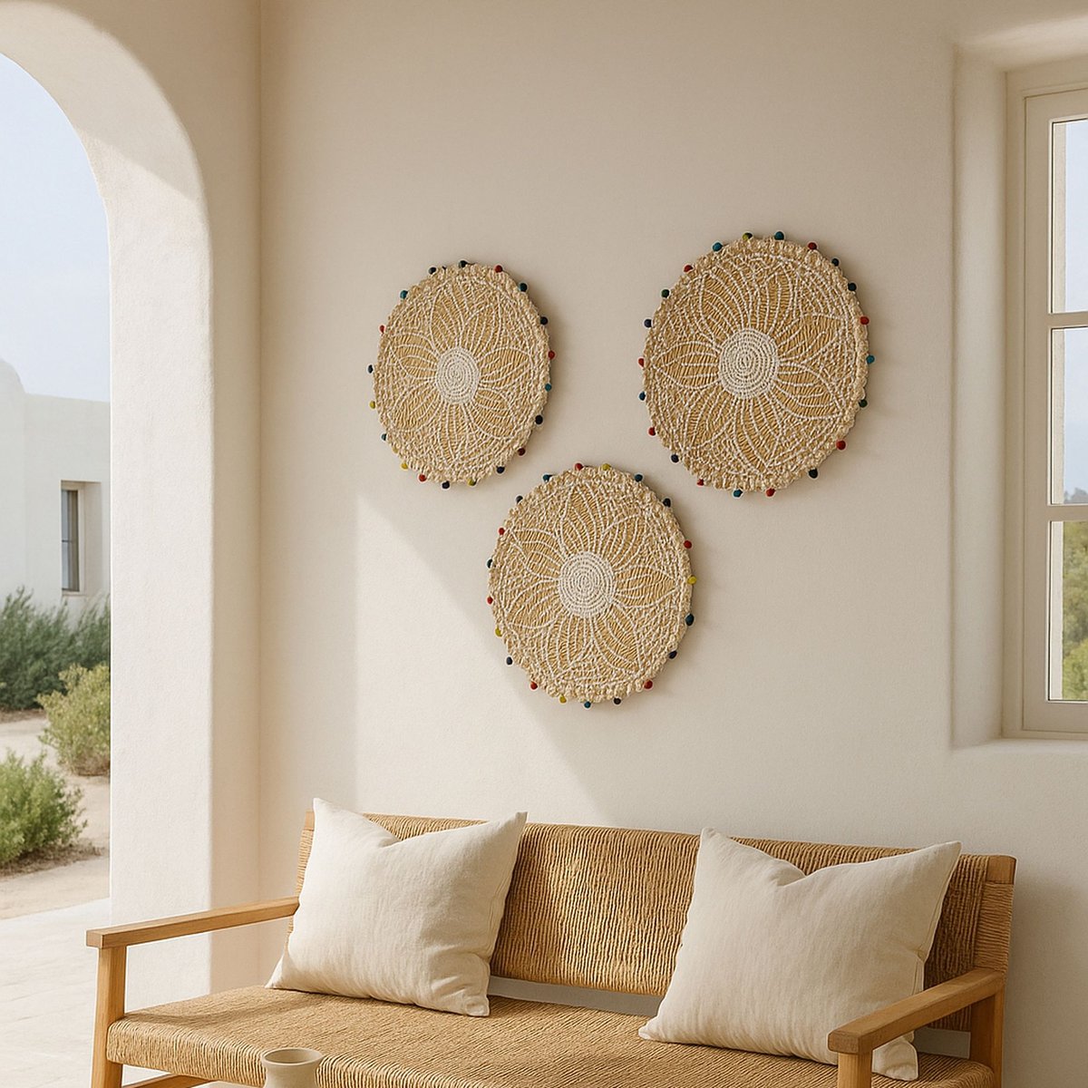 Panier rond en jonc de mer et perles de bois naturel, NOW'S HOME