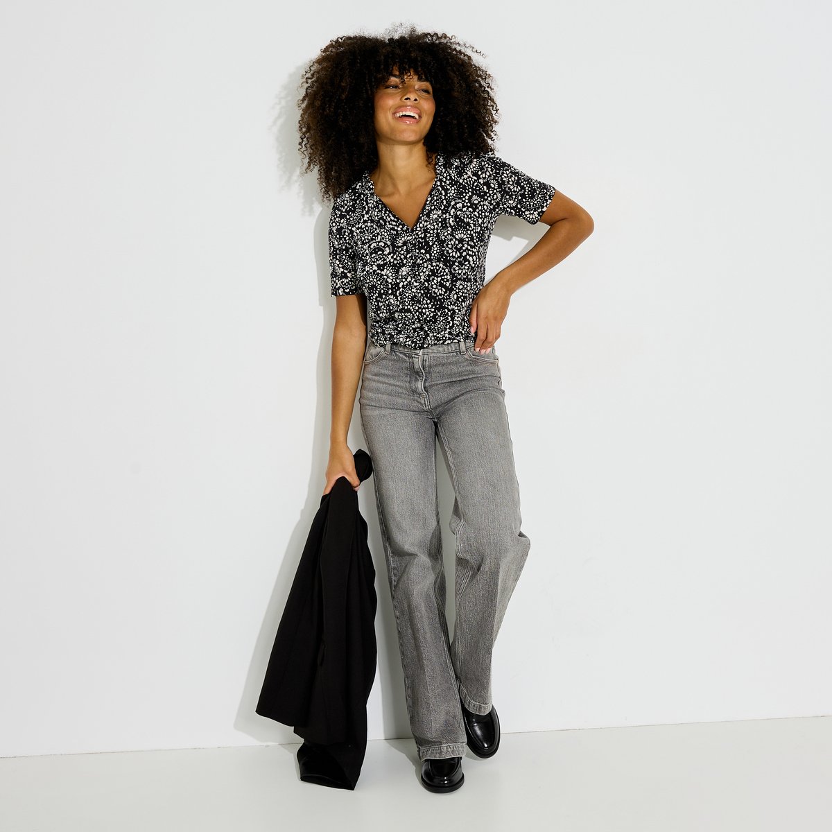 Blouse imprimée col V volanté noir, GRAIN DE MALICE