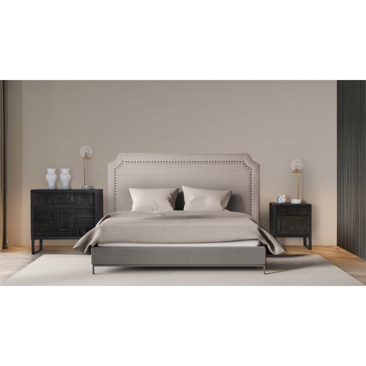 Tête de lit style colonial, S.SOUSEL beige naturel avec finitions bois clair et touches noir, RECOLLECTION