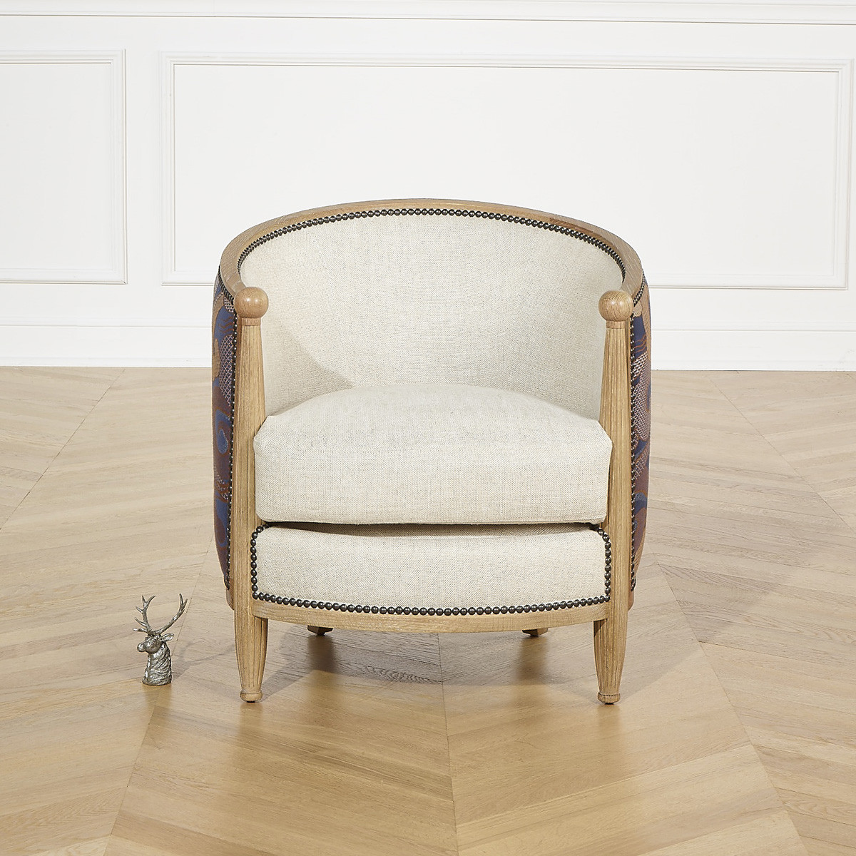 Fauteuil tonneau en chêne, lin et tissu édition limitée CAROLE lin, ROBIN DES BOIS