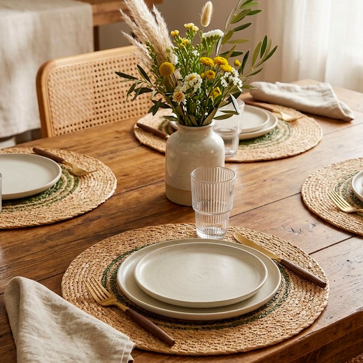 Set de table rond en jute beige et vert 37cm vert, WADIGA