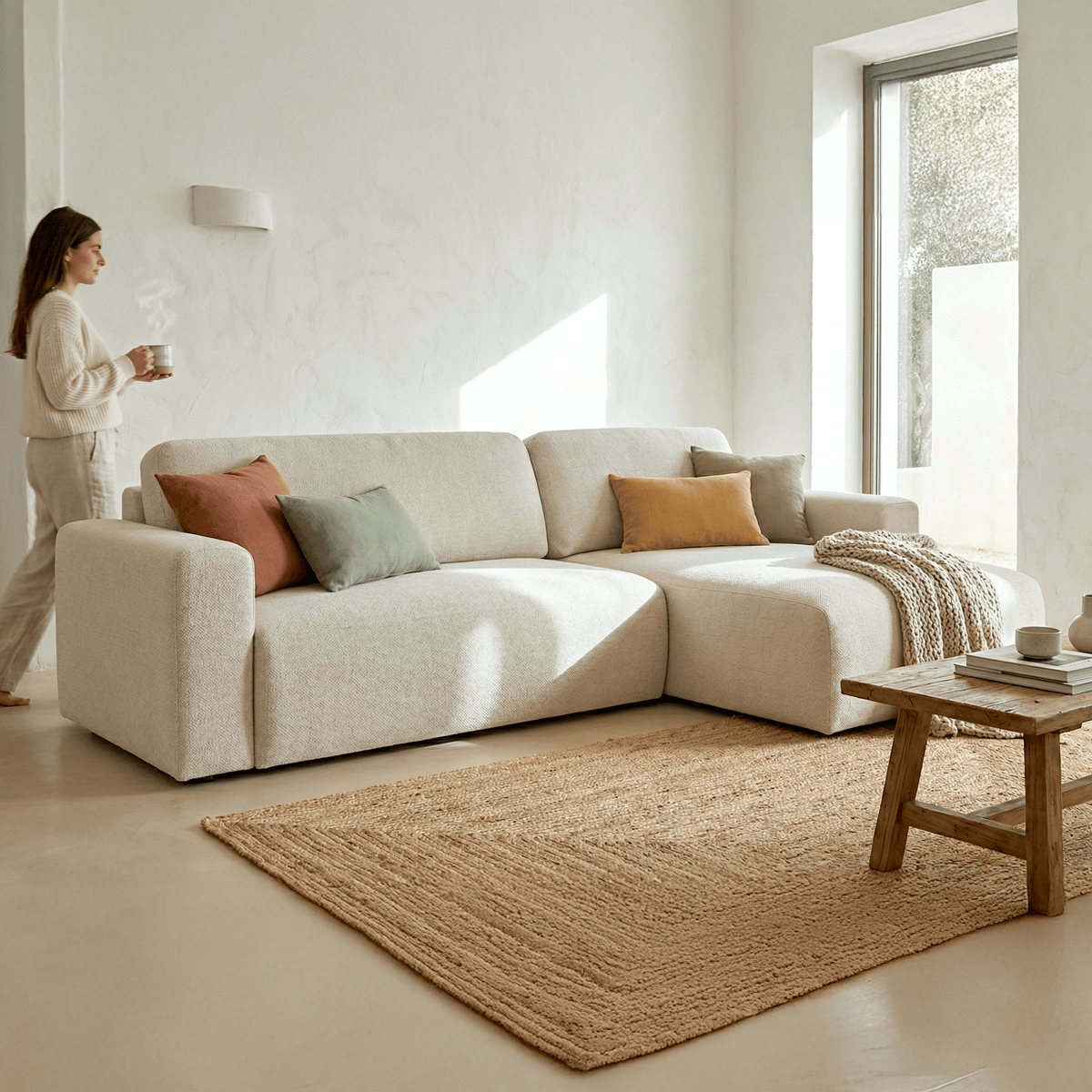 Canapé d'angle convertible 4 places en tissu - DAVIS ecru, HOMIFAB