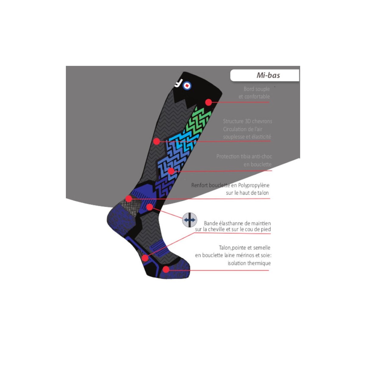 Mi-bas Ski tricot 3D en laine et soie haute performance ALVEOL TECH 3 noir, THYO