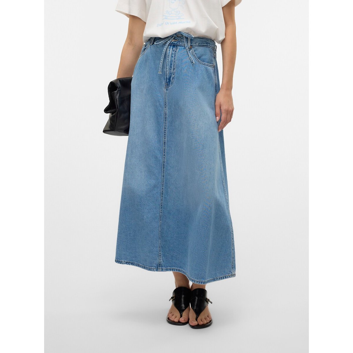 Jupe longue en jean avec ceinture à nouer light blue, VERO MODA