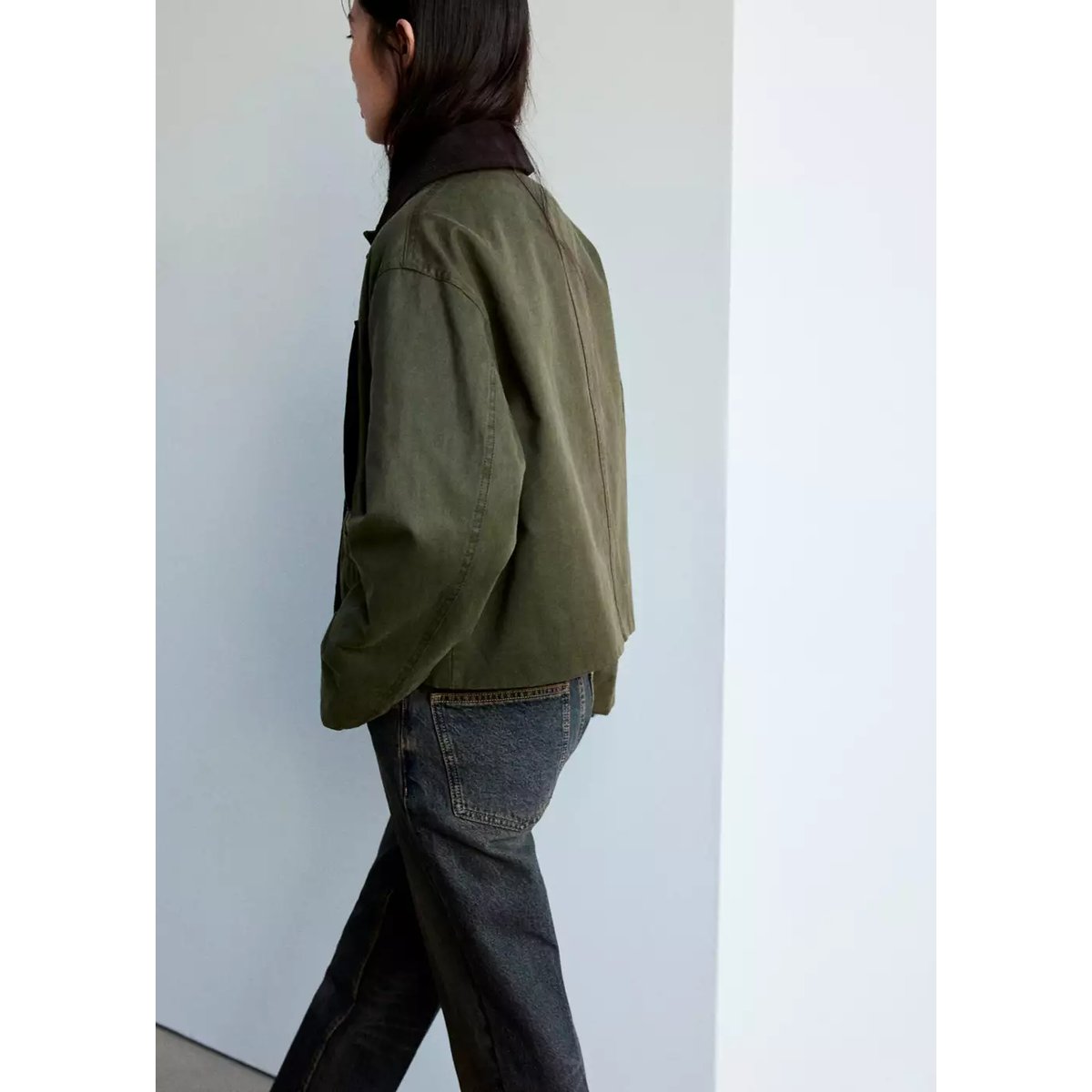 Veste avec col en velours côtelé kaki, MANGO