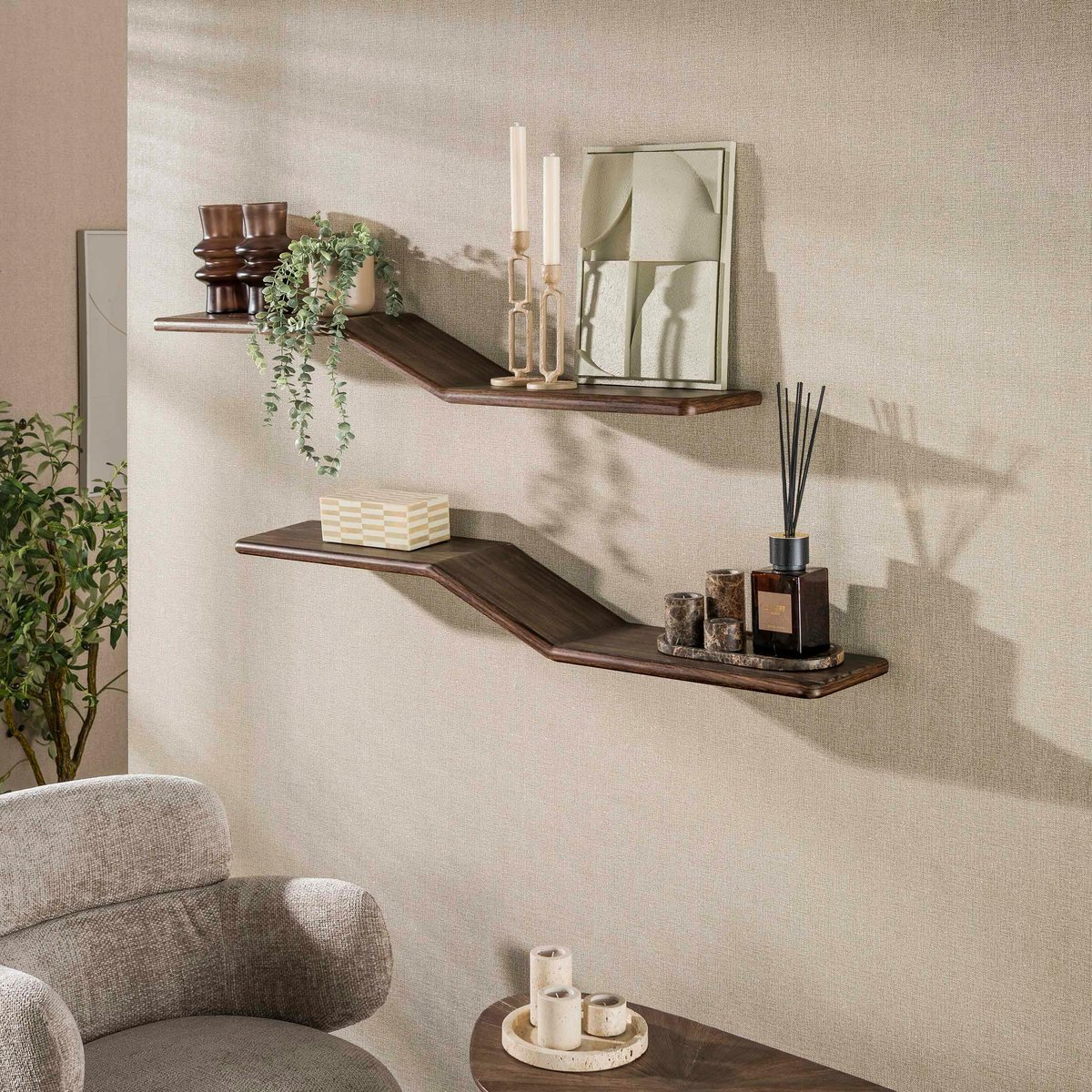Étagère murale design en S teck recyclé foncé (lot de 2) YOGI bois naturel, PIER IMPORT