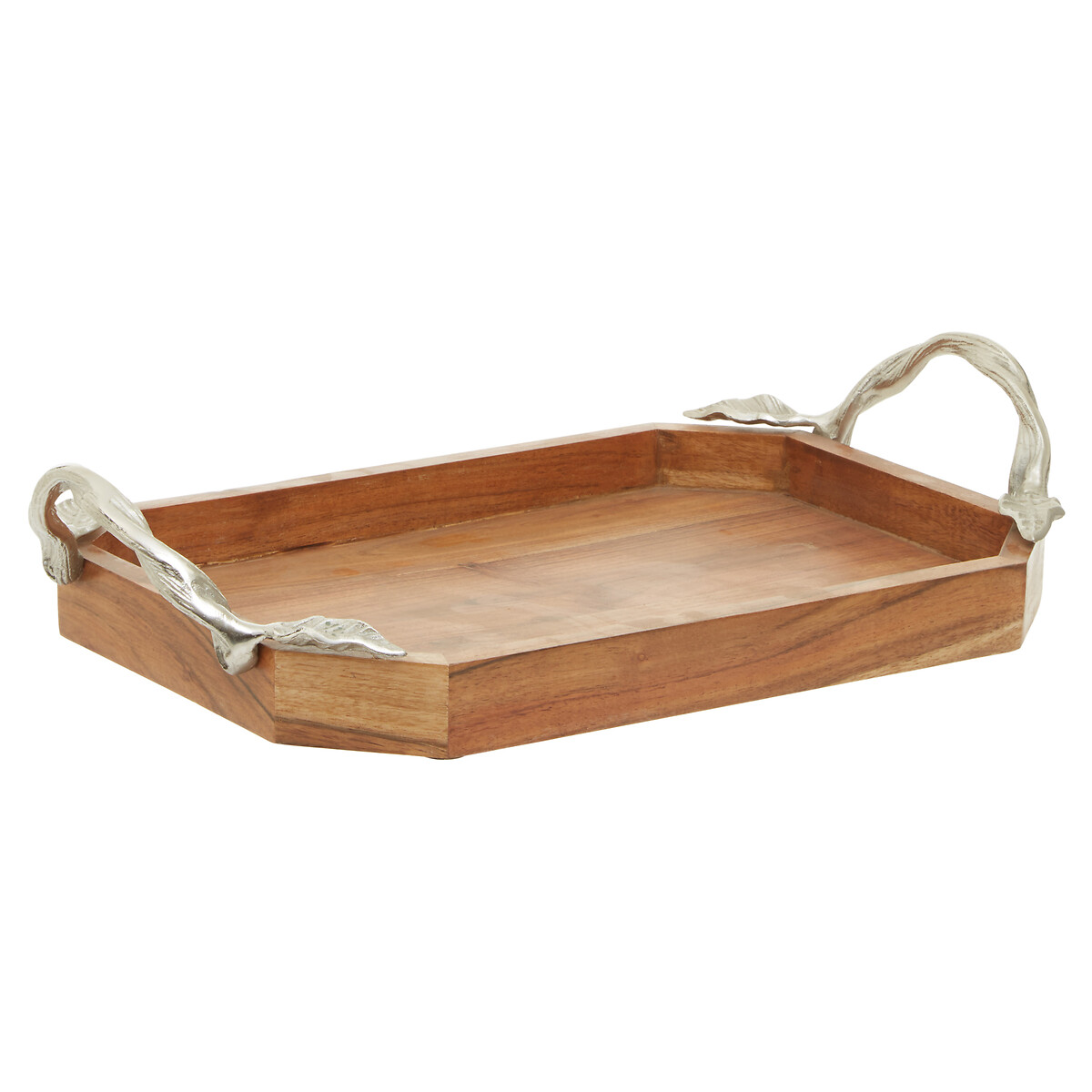 Acacia Wood Tray with Aluminium Leaf Handle brown, SO'HOME