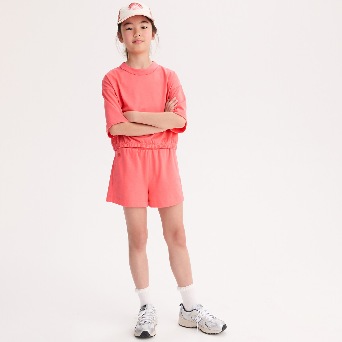 Camiseta elástica, cuello redondo, manga corta, de punto grueso rosa , LA REDOUTE COLLECTIONS