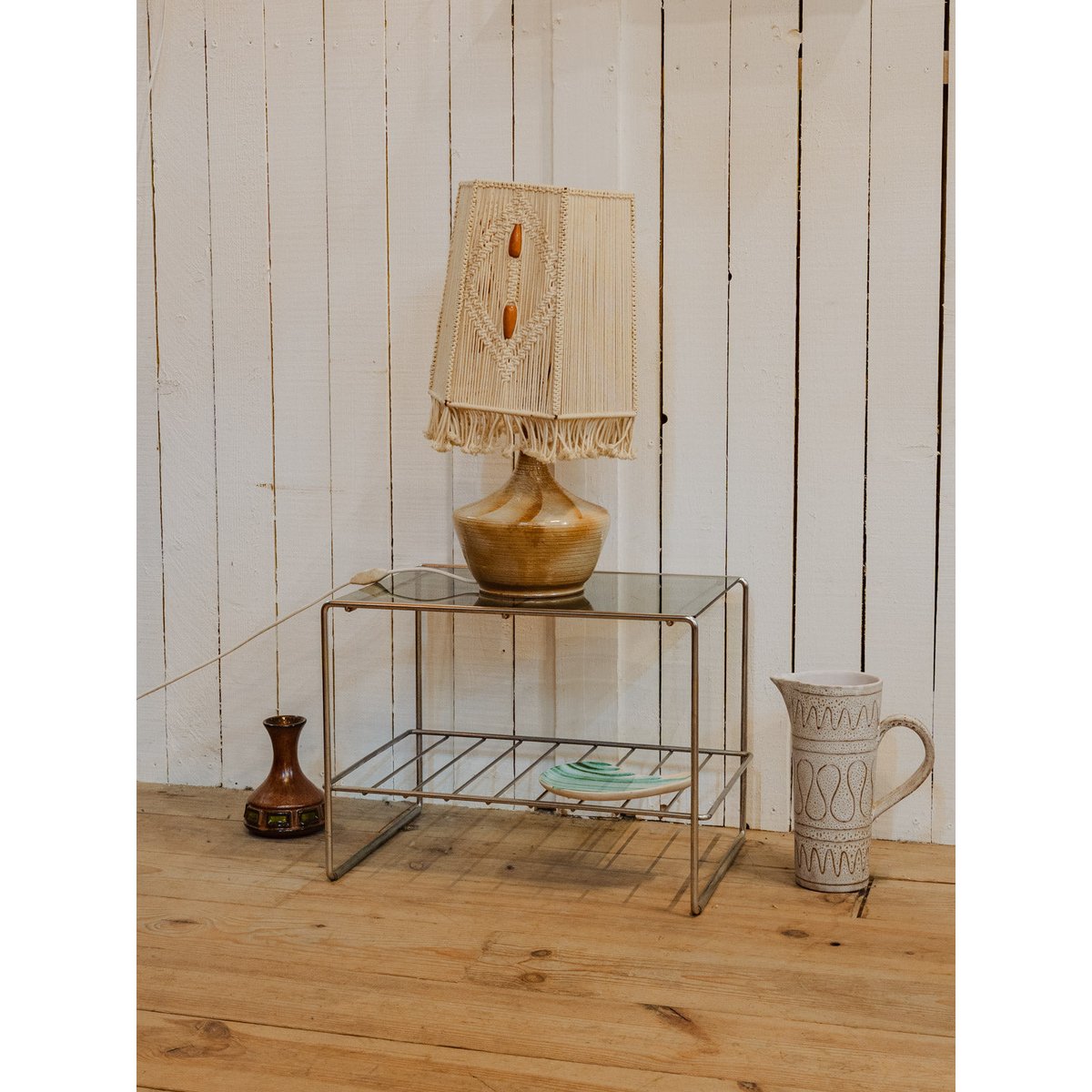 Lampe à poser en céramique et macramé Julia N°1134 - Bon état beige, DEBONGOUT