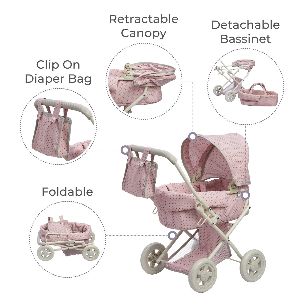 Poussette Landau Poupée avec Capote et Panier rose, TEAMSON KIDS