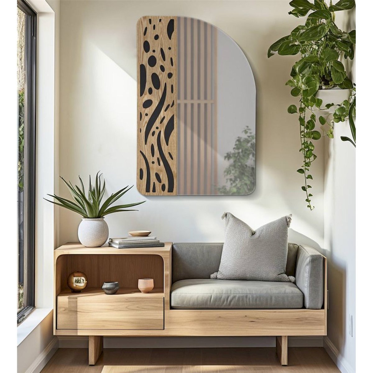 Miroir mural arrondi décor graphique MODERN bois clair et noir, RECOLLECTION