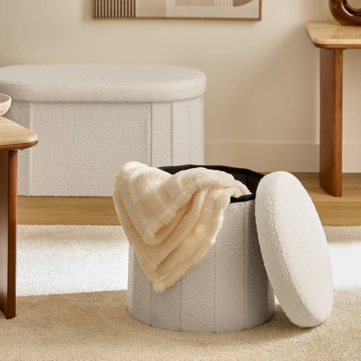 Pouf rond pliable avec rangement FINK blanc, ATMOSPHERA