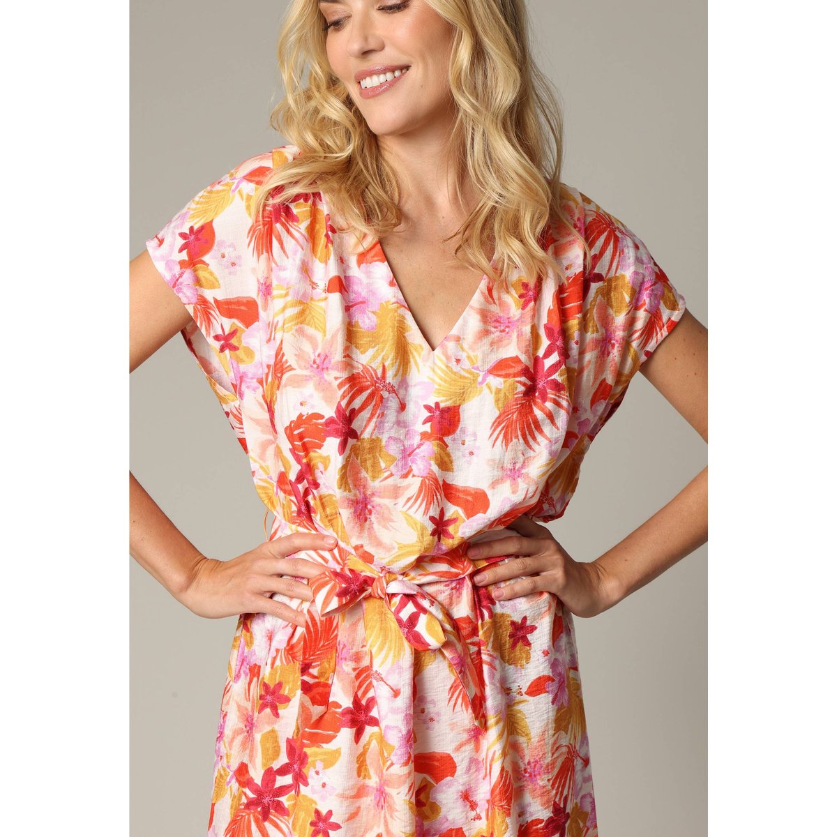 Robe exotique en viscose avec imprimé tropical PIA corail, DEELUXE