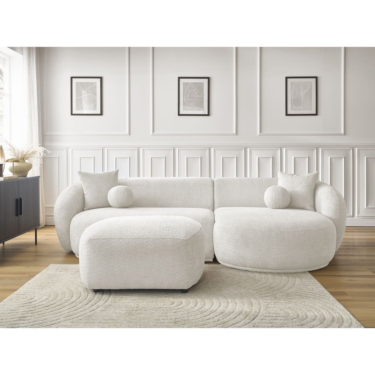 Canapé d'angle fixe 4 places en tissu bouclette avec pouf, ASHLEY blanc, BOBOCHIC