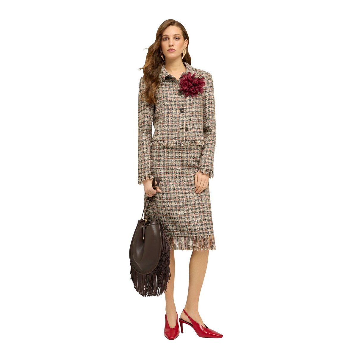 Veste courte à franges et broche beige, MOTIVI