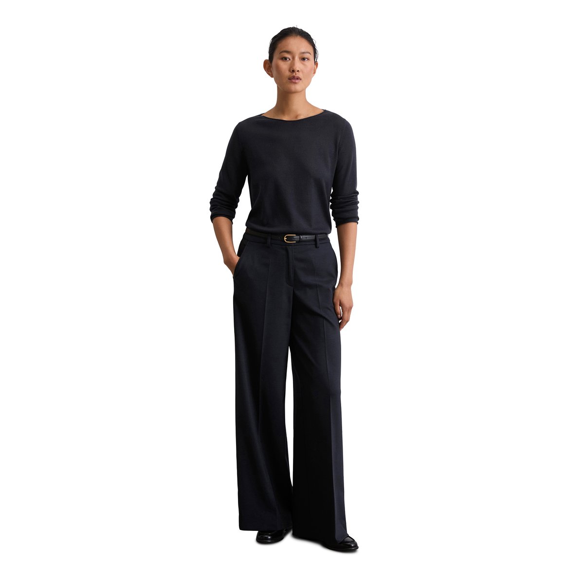 Pull en maille slim en laine mérinos douce bleu foncé, MARC O'POLO